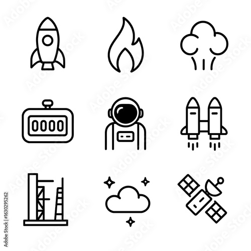 Rocket Launch Icons. Outline icon set of rocket launch: rocket, flame, smoke trail, countdown timer, astronaut, boosters, launch