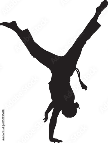 A silhouette of a person in a capoeira pose or handstand on a white background