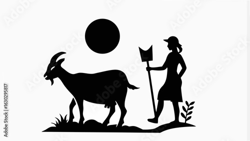 Silhouette of a goat standing near grass with a person holding a tool under a circle shape in black