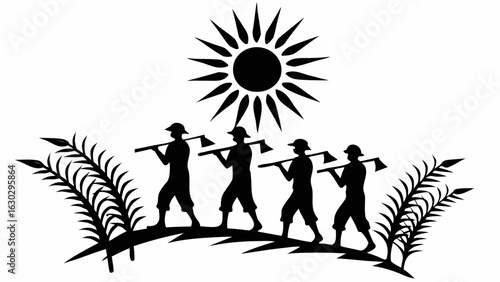 Silhouette of four farmers with axes under a sun amidst plants on a white background illustration