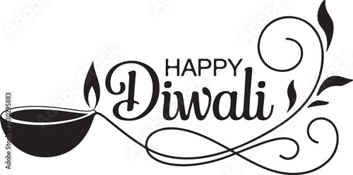 Happy diwali greeting with diya and festive decorative flourishes in black and white design