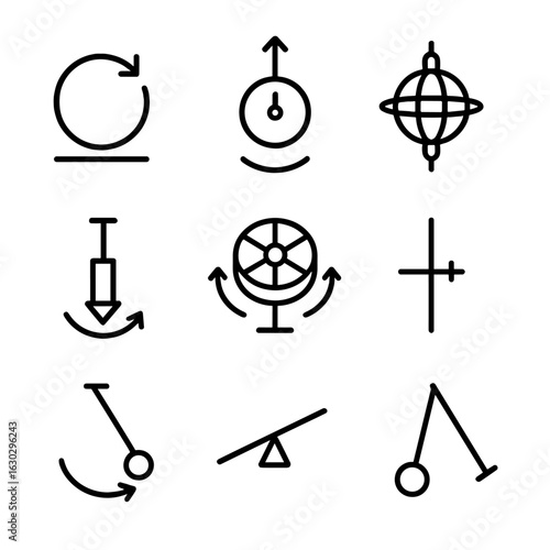 Rotation Physics Icons. Outline icon set of rotation in physics: angular momentum, rotational speed, gyroscope, torque, centrifuge