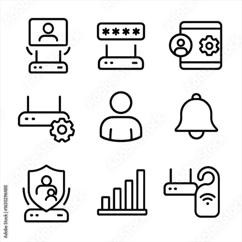 Router Interaction Icons. Outline icon set of router user interactions: login screen, password input, device management, network