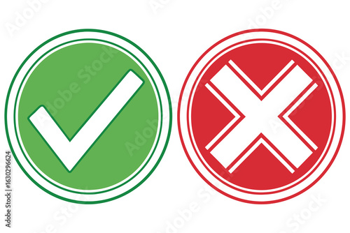 Vector art of check mark and cross isolated on white background, representing positive and negative choices or validation results