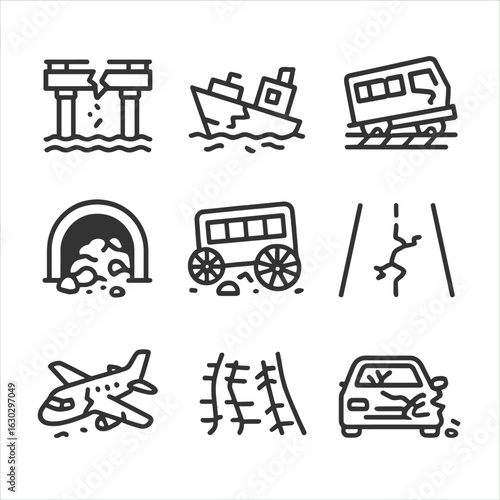 Ruined Transportation Icons. Outline icon set of ruined transportation: broken bridge, crashed ship, abandoned train, collapsed