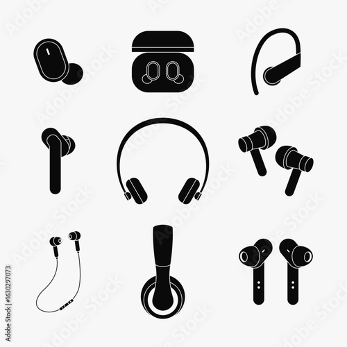 Minimalist Headphones and Earbuds Icon Vector Pack. Solid Audio Device Symbols for App, Web, and UI Design