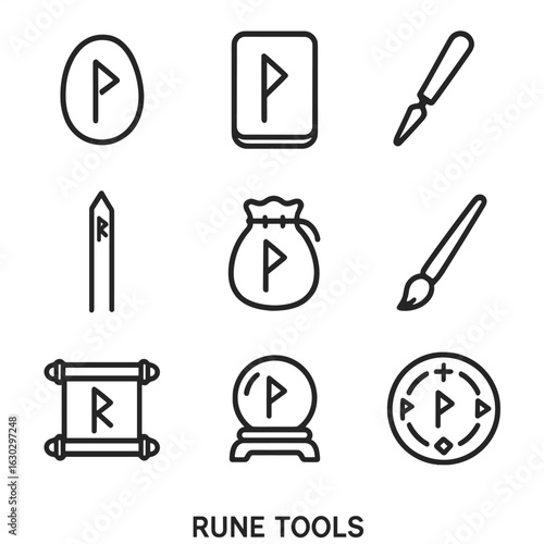 Rune Tool Icons. Outline icon set of rune tools: carved stone, wooden tablet, engraving chisel, runic staff, rune pouch, ink brush