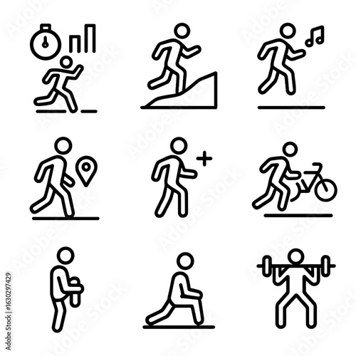 Running Training Icons. Outline icon set of running training: interval training, hill repeats, tempo run, long run, recovery run,