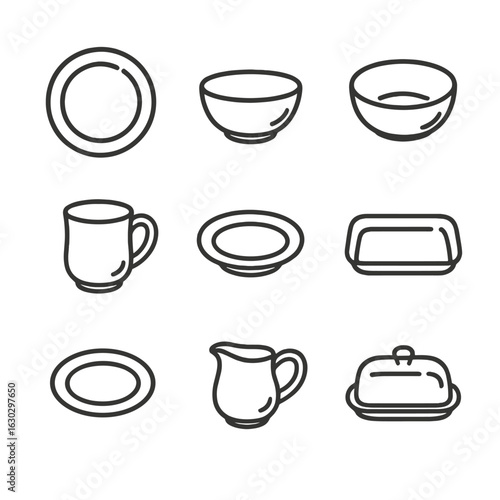 Rustic Tableware Icons. Outline icon set of rustic stoneware tableware: stoneware dinner plate, soup bowl, salad plate, handled