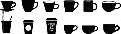 Coffee cup silhouettes collection for cafes, coffee shops, barista branding, beverage design, restaurant logos, vector icons, black and white set