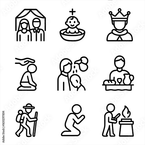 Sacred Ceremony Icons. Outline icon set of sacred ceremonies: wedding, baptism, coronation, initiation, anointing, feast,
