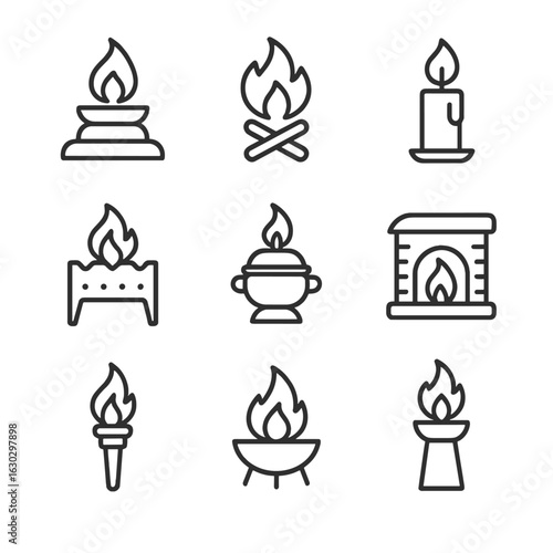 Sacred Fire Icons. Outline icon set of sacred fire: eternal flame, bonfire, candle, brazier, incense burner, hearth, torch, fire