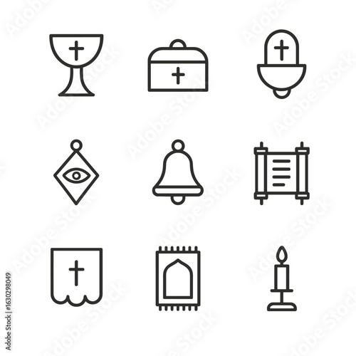 Sacred Objects Icons. Outline icon set of sacred objects: chalice, relic box, holy water font, talisman, spiritual bell, sacred