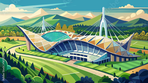 A panoramic view captures the iconic Stadium of the Olympiapark in Munich, Germany. Its sweeping canopy architecture blends with green hills, creating a dynamic scene for semi-realistic vector artwork