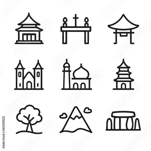 Sacred Place Icons. Outline icon set of sacred places: temple, altar, shrine, cathedral, mosque, pagoda, sacred tree, holy