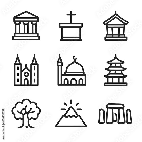 Sacred Place Icons. Outline icon set of sacred places: temple, altar, shrine, cathedral, mosque, pagoda, sacred tree, holy