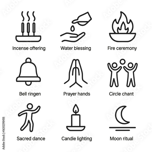 Sacred Rituals Icons. Outline icon set of sacred rituals: incense offering, water blessing, fire ceremony, bell ringing, prayer