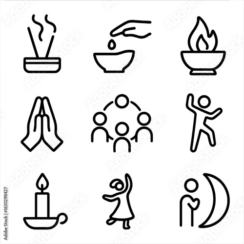 Sacred Rituals Icons. Outline icon set of sacred rituals: incense offering, water blessing, fire ceremony, bell ringing, prayer