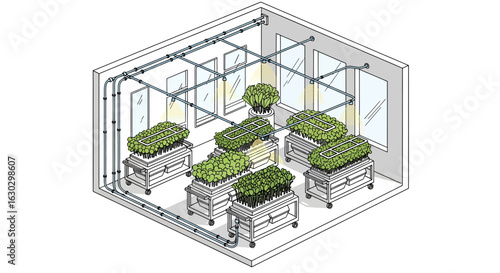 Indoor hydroponics system with plants and irrigation