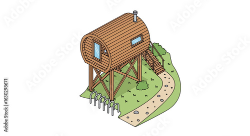 Elevated treehouse cabin on stilts with green lawn
