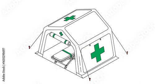 First aid tent with medical supplies and red cross symbol
