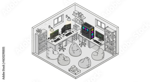 Modern office space with computers and beanbag seating