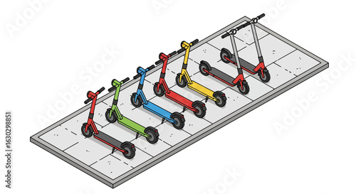 Colorful electric scooters parked on a city rack
