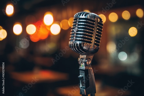 Vintage microphone in a dimly lit venue.  A close-up of a vintage microphone, metallic and detailed, stands against a warm, blurred background of a restaurant or bar, highlighted by soft, warm lights
