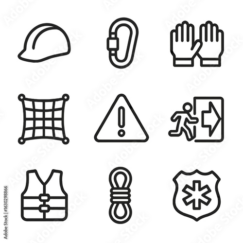 Safety Equipment Icons. Outline icon set of scramble safety: safety helmet, harness clip, protective gloves, safety net, warning
