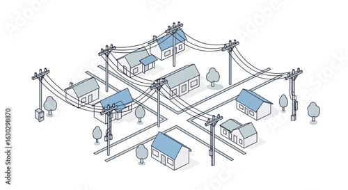 Residential street scene with power lines and trees
