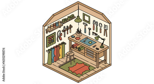 Leatherworking workshop interior with tools and materials