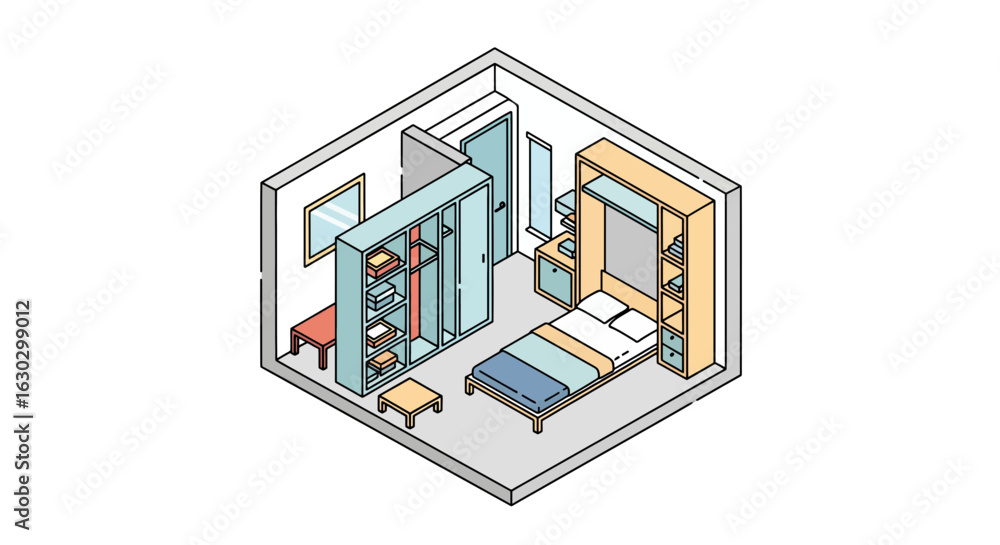 Obraz premium Small bedroom interior isometric view furniture storage