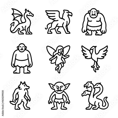 Saga Creature Icon Set. Outline icon set of saga creatures: dragon, griffin, troll, giant, fairy, phoenix, werewolf, goblin, hydra