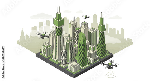 Futuristic city skyline with drones and modern architecture