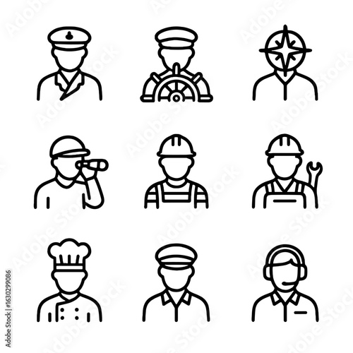 Sailing Crew Icon Set. Outline icon set of sailing crew roles: captain, helmsman, navigator, lookout, deckhand, engineer, cook,