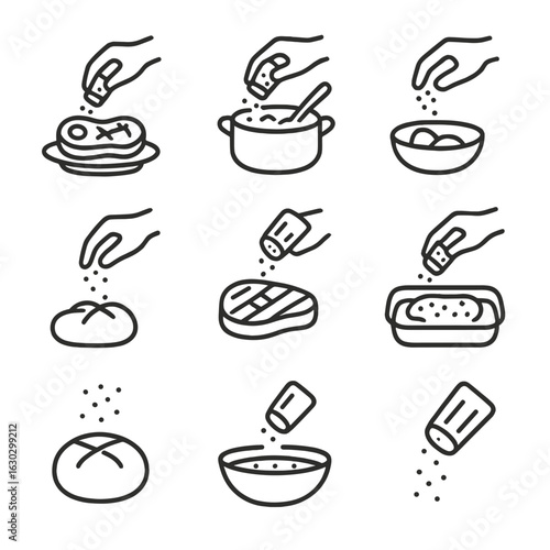 Salt Cooking Icons Set. Outline icon set of salt in cooking: salting meat, adding salt to soup, baking with salt, salt pinch,