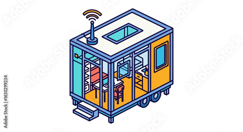 Mobile tiny house trailer with wifi antenna isometric view