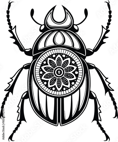 Ornate, scarab, beetle, illustration, line, art, vector, black, white, isolated, design, egyptian, symbol, insect, tattoo, ancient