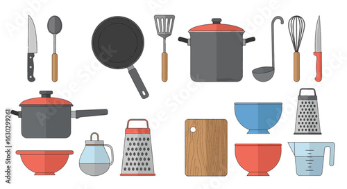 A collection of essential kitchen utensils and cookware illustrated in a clean, flat design style.
