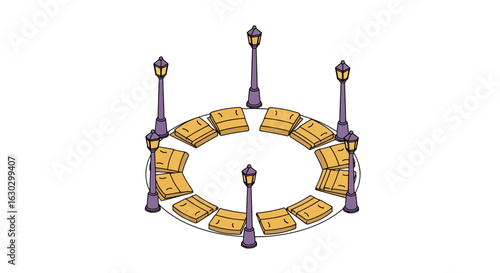 Circular seating area with street lamps, urban park scene