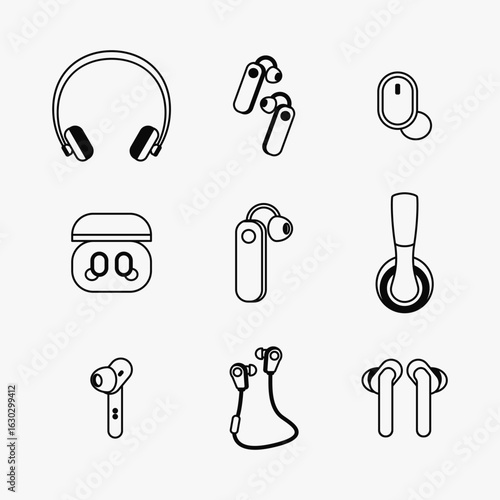 Headphones and Earbuds Line Art Vector Set. Outline Audio Icons for Music App, Tech Infographic, and Website Design