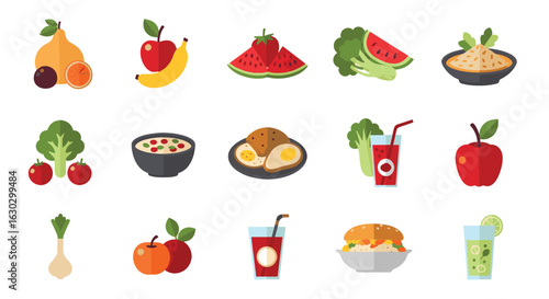A collection of colorful flat vector icons of food and drinks, including healthy fruits and vegetables as well as other popular meals. Perfect for menus, diet apps, or food-related websites.