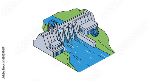 Hydroelectric Dam Power Generation Isometric View