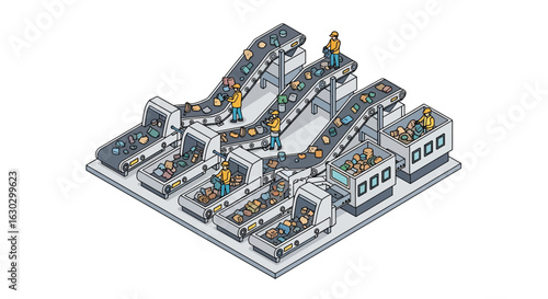 Assembly line production workers packaging goods on conveyor belts