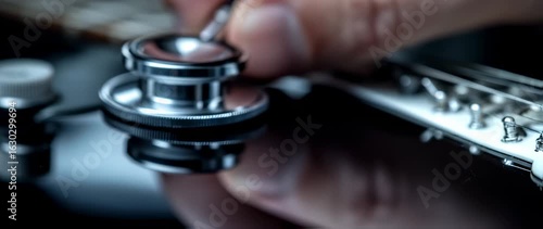 Diagnosing musical health: Stethoscope on guitar for creative or technical analysis concept