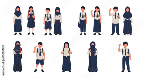 A collection of diverse Indonesian school children, boys and girls, wearing uniforms and carrying backpacks.