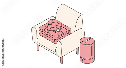 Armchair with blanket and robot vacuum cleaner