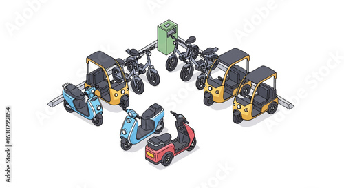 Electric scooters and bikes rental station urban scene