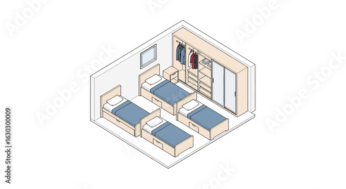 Dorm room interior with twin beds and wardrobe
