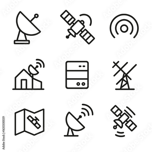 Satellite Communication Icons. Outline icon set of satellite communication: satellite dish, orbiting satellite, signal waves,